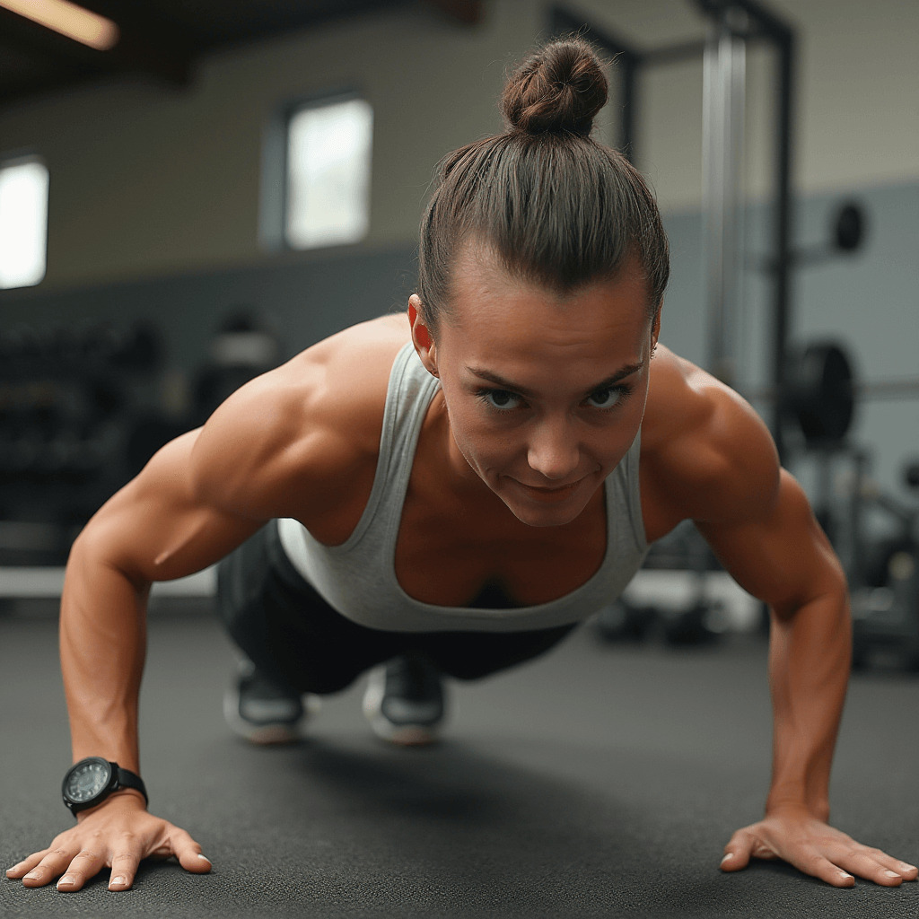 "A fit, athletic woman performing a push-up in a gym, showcasing toned muscles and determination.