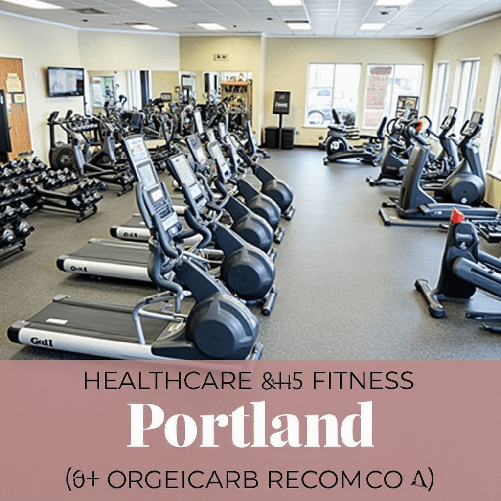 well-lit fitness center with rows of treadmills, ellipticals, and weightlifting equipment. The gym has a spacious layout with large windows allowing natural light to enter. A promotional banner at the bottom displays "HEALTHCARE & FITNESS Portland" with some distorted text