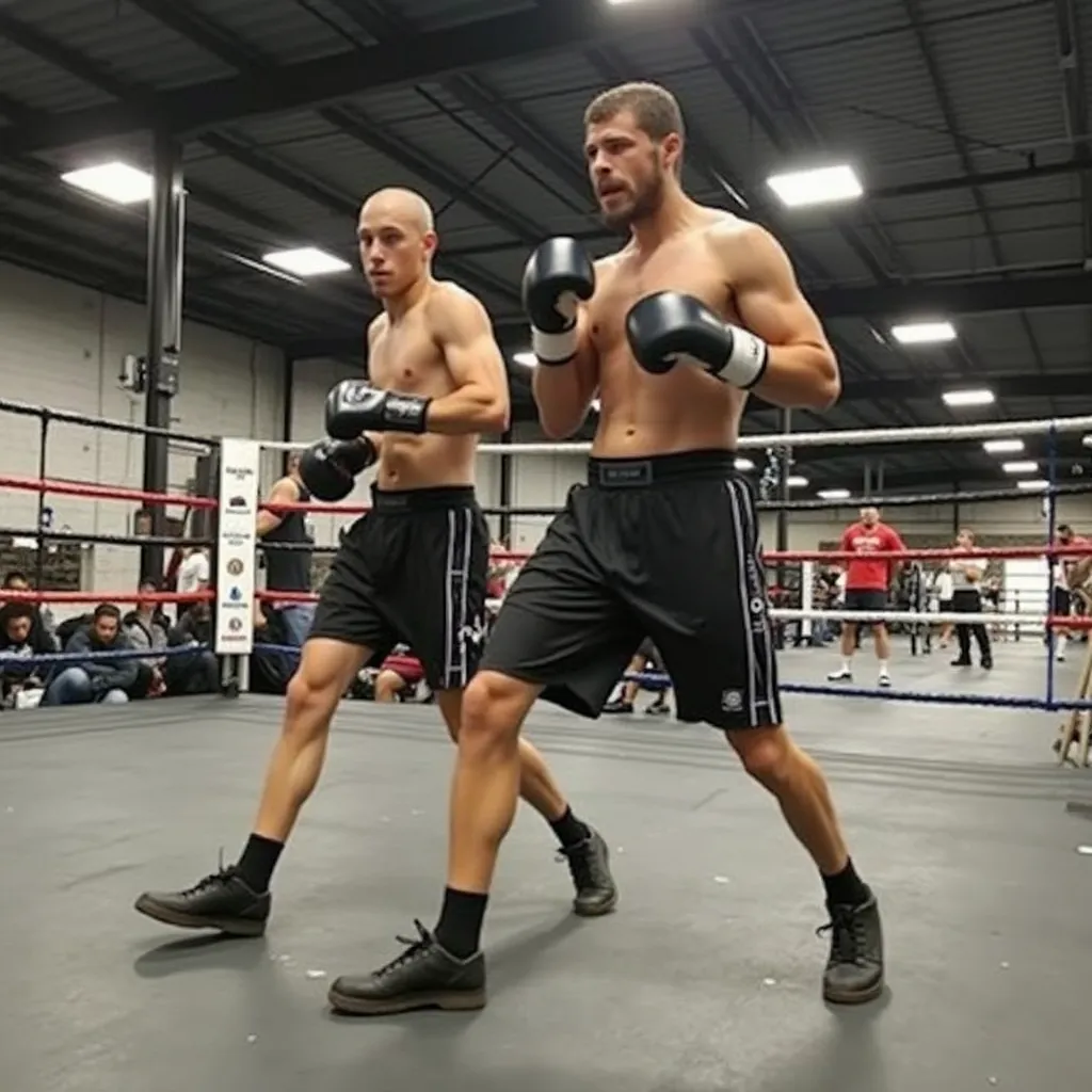 Two athletes practicing boxing training in a gym during a workout session