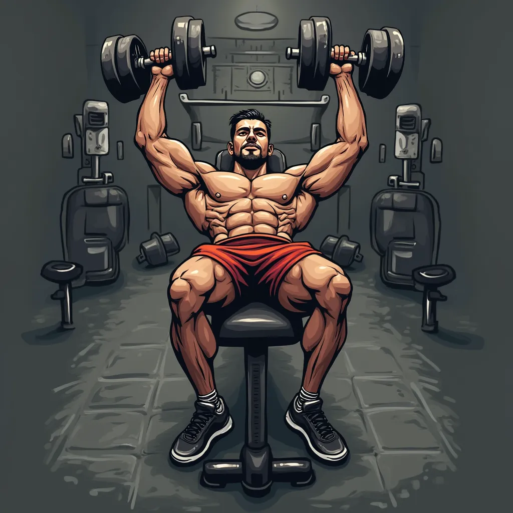 Muscular man performing a seated dumbbell shoulder press in a gym, showcasing strength and upper body development—one of the Best Exercises by Equipment for building muscle."